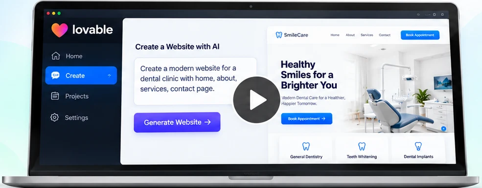 Illustrative Lovable website preview; demonstration video not yet available